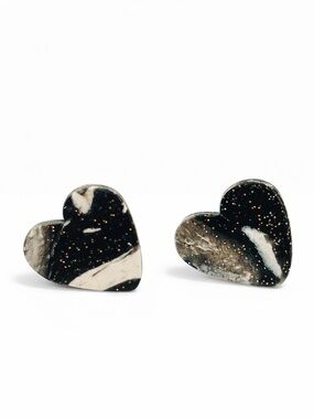 Handmade Black Glitter & White Heart Stud Earrings - Women Jewelry